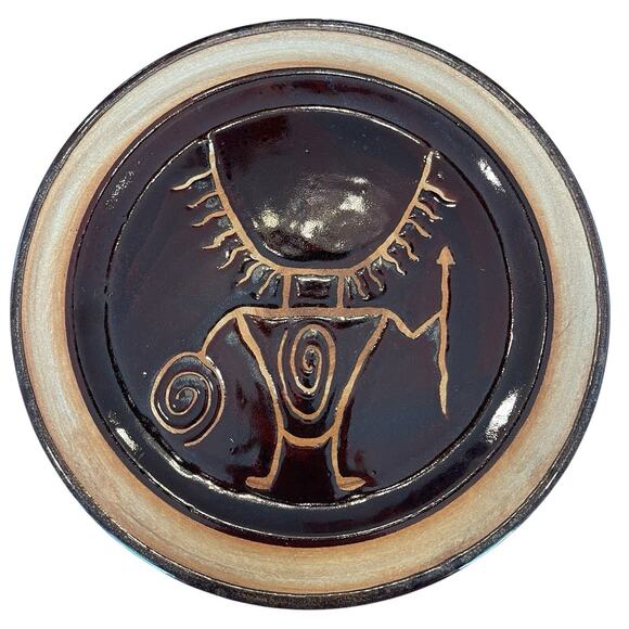 Tribal Man Warrior 10” Plate By Moki Studio Art Pottery Moab Utah Ready 2 Hang - Picture 1 of 7
